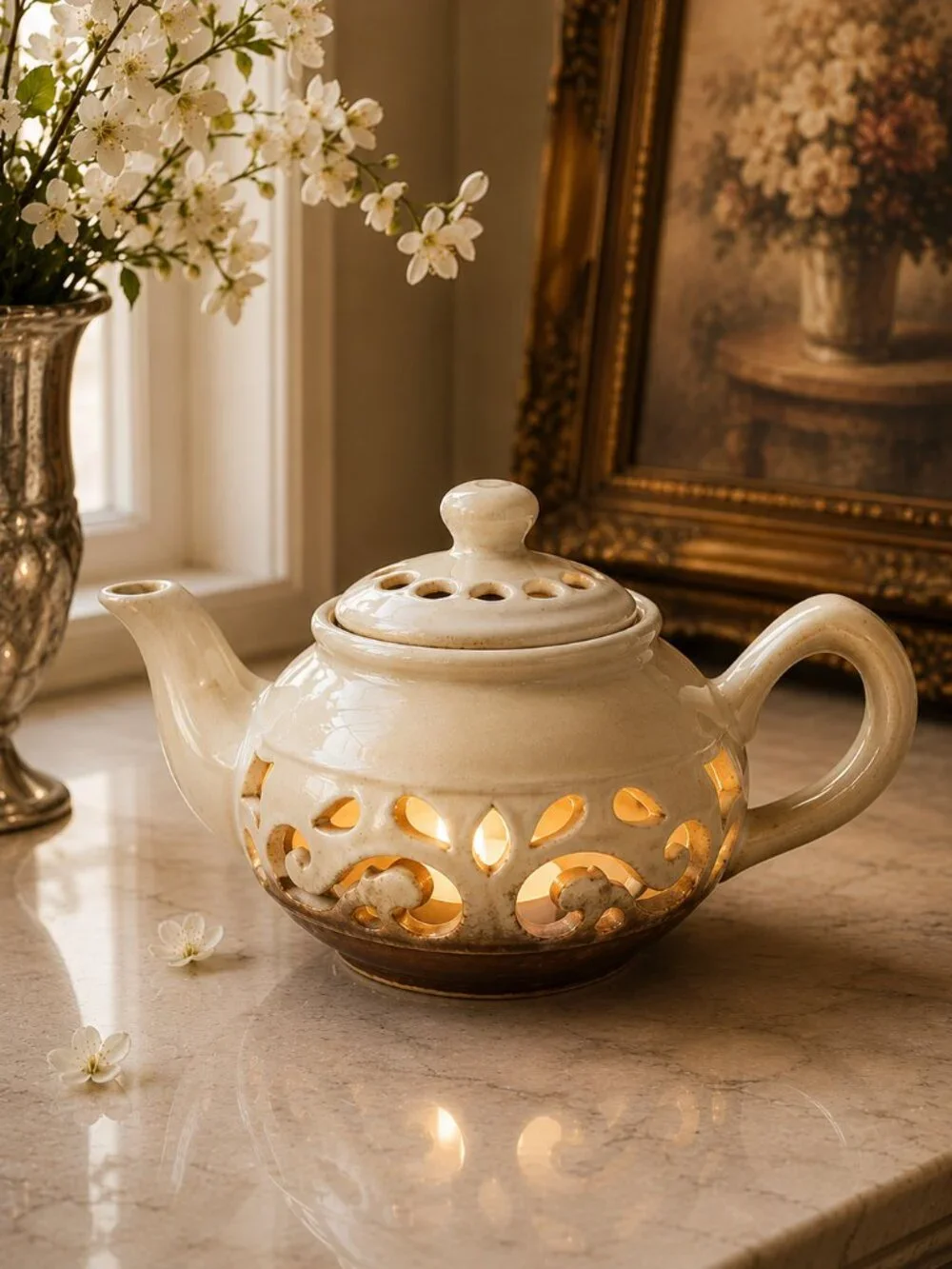 Vintage Ornate Pierced Ivory Candle Tea Light HolderTeapot